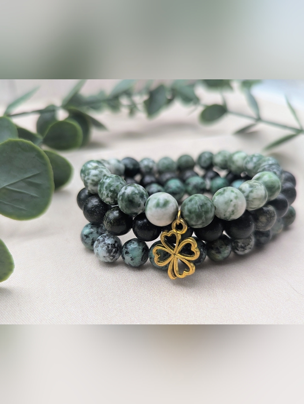 Lucky Fortune Bracelet Set Green Stone Beaded Stack Clover Charm Handmade